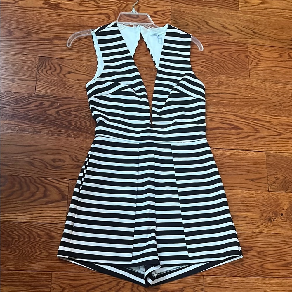 Lucy Paris Striped Black and White Plunging Neckline Open Back Romper Size S
